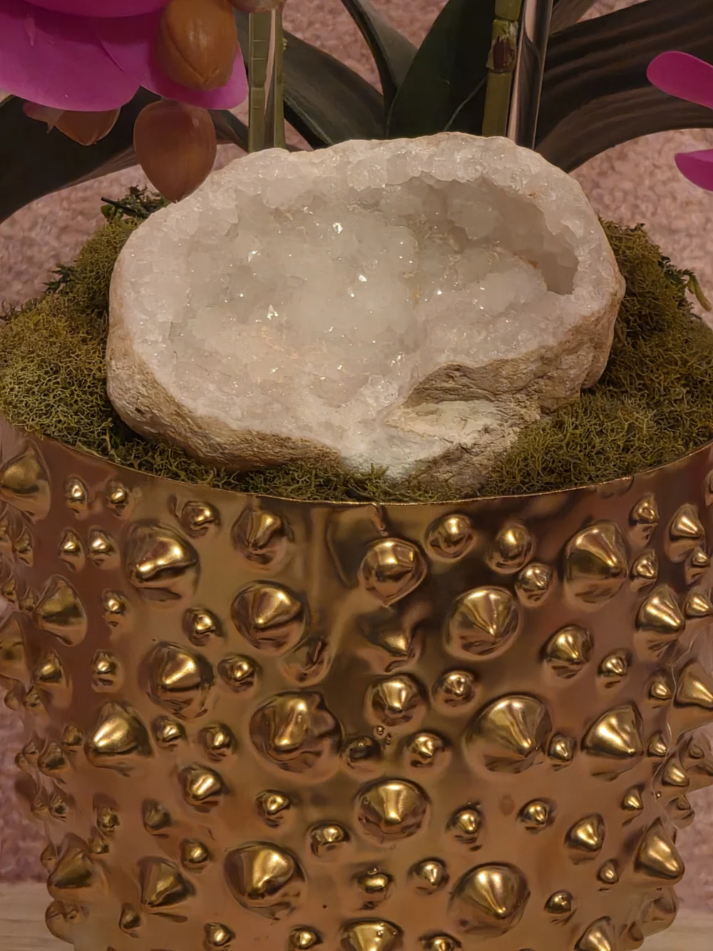 Pink Faux Orchid Arrangement With Large Geode in Gold Planter